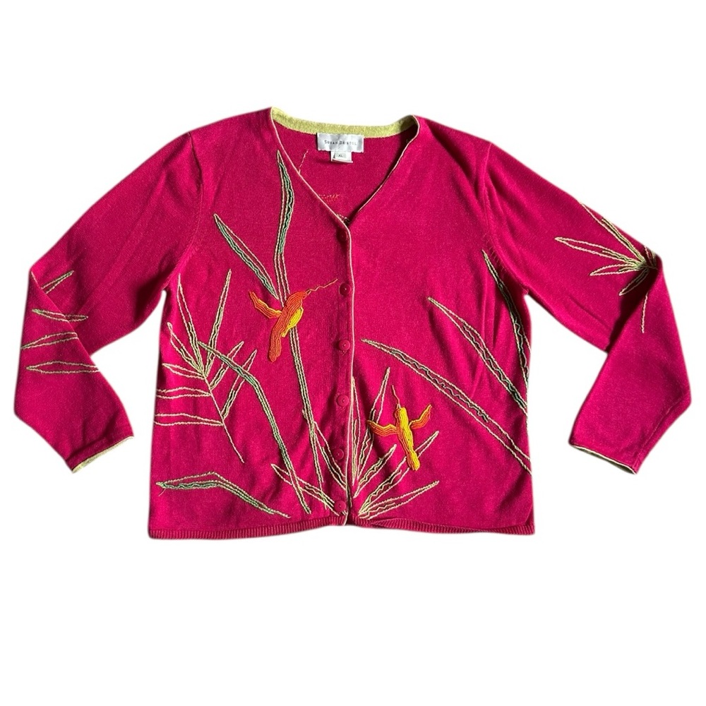 Vintage Susan Bristol Cardigan Sweater Floral Embroidered Hummingbird 90s